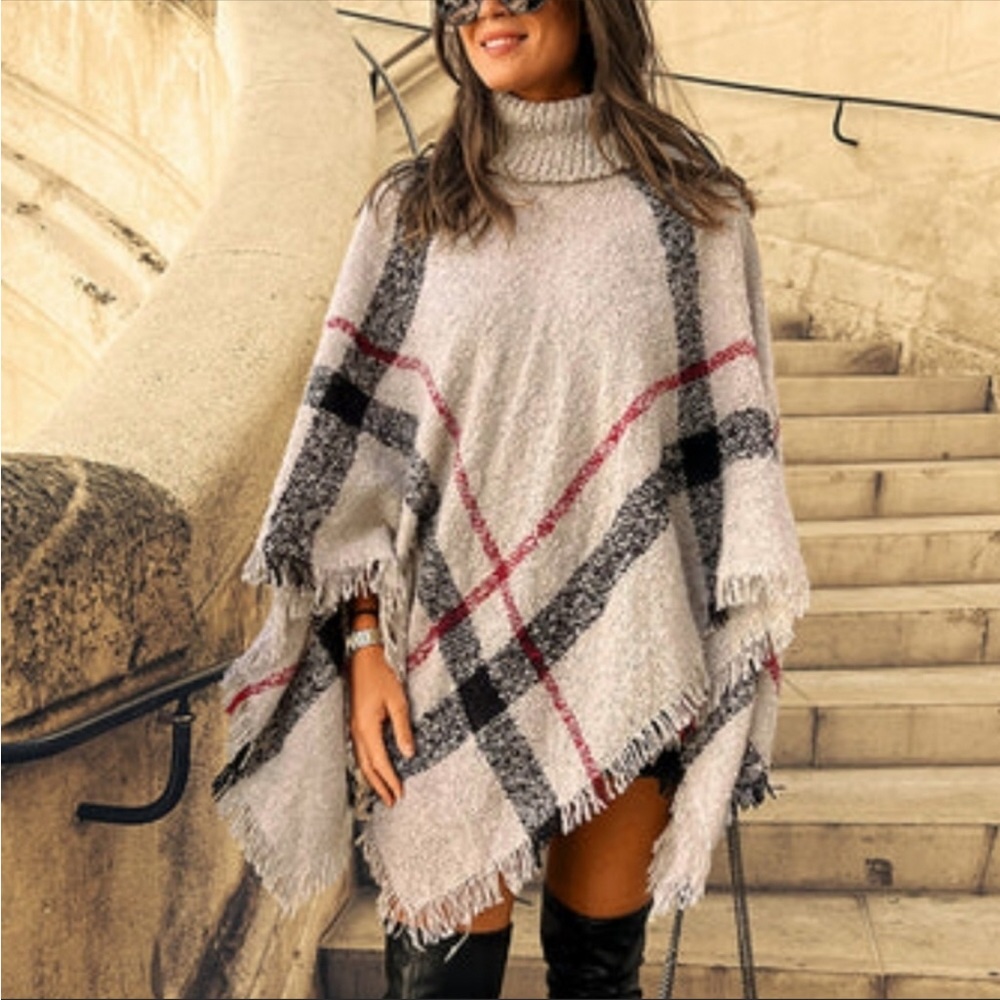 Cozy Cream Plaid Turtleneck Poncho Sweater